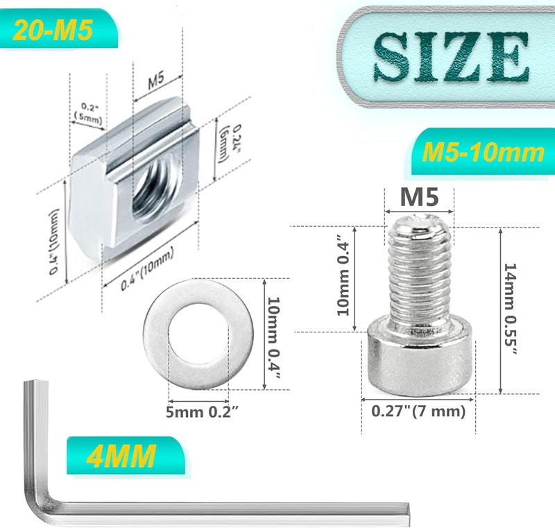 PETOX 30 Set Silver 2020 Series Aluminum Extrusion Profile Connector, Includes 1pc Wrench, 30pcs 2028 Corner Bracket, 60pcs T-Slot Sliding Nuts and M5 Hex Screw Bolt for 20S Aluminum Rail Accessories - Image 5